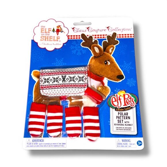 Elf On The Shelf Retired Reindeer Polar Pattern Blanket and red and white Socks - Picture 2 of 2